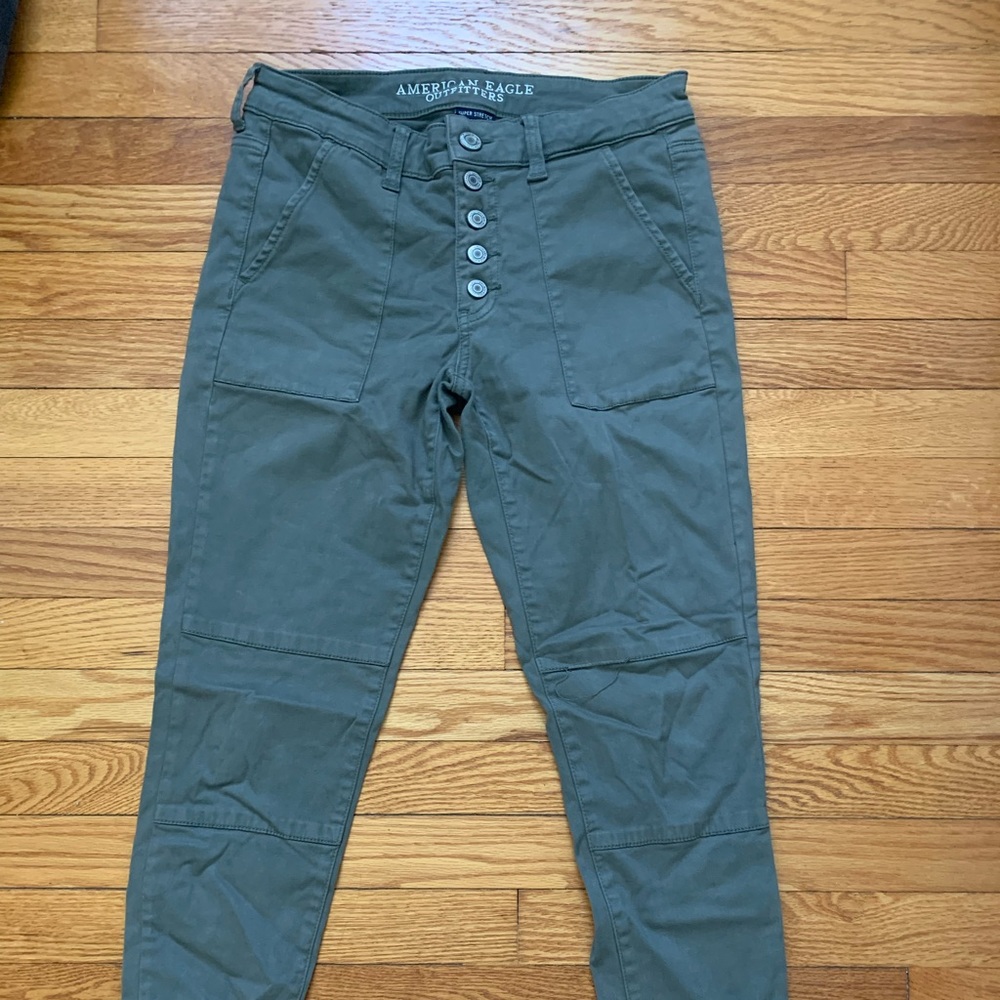 Green button front pants